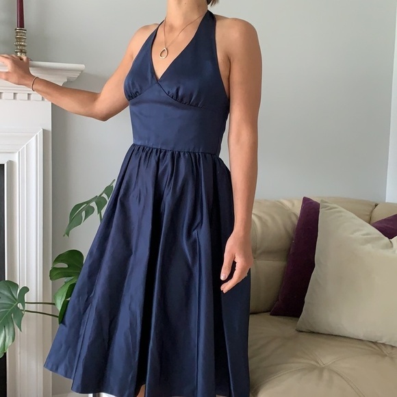 Chloe & Reese Satin navy dress halter neck midi